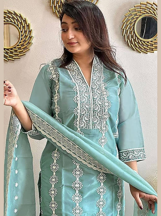 Silk Embroidered Straight Kurti with Pants