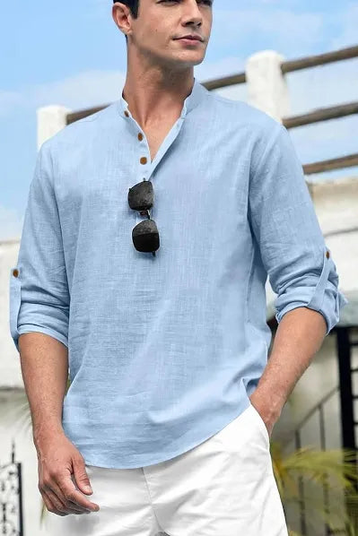 Collar Roll Up Sleeves Cotton Straight Kurta