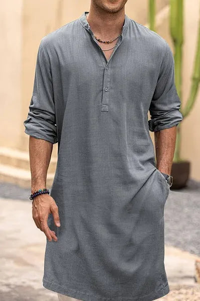 Collar Roll Up Sleeves Cotton Straight Kurta